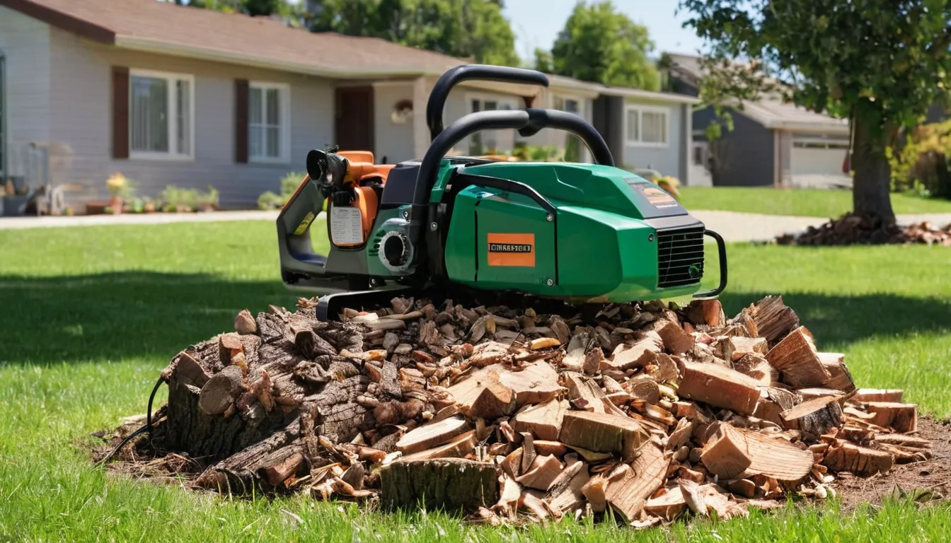 A stump grinder shaving down an old tree stump in a residential yard in Talmo